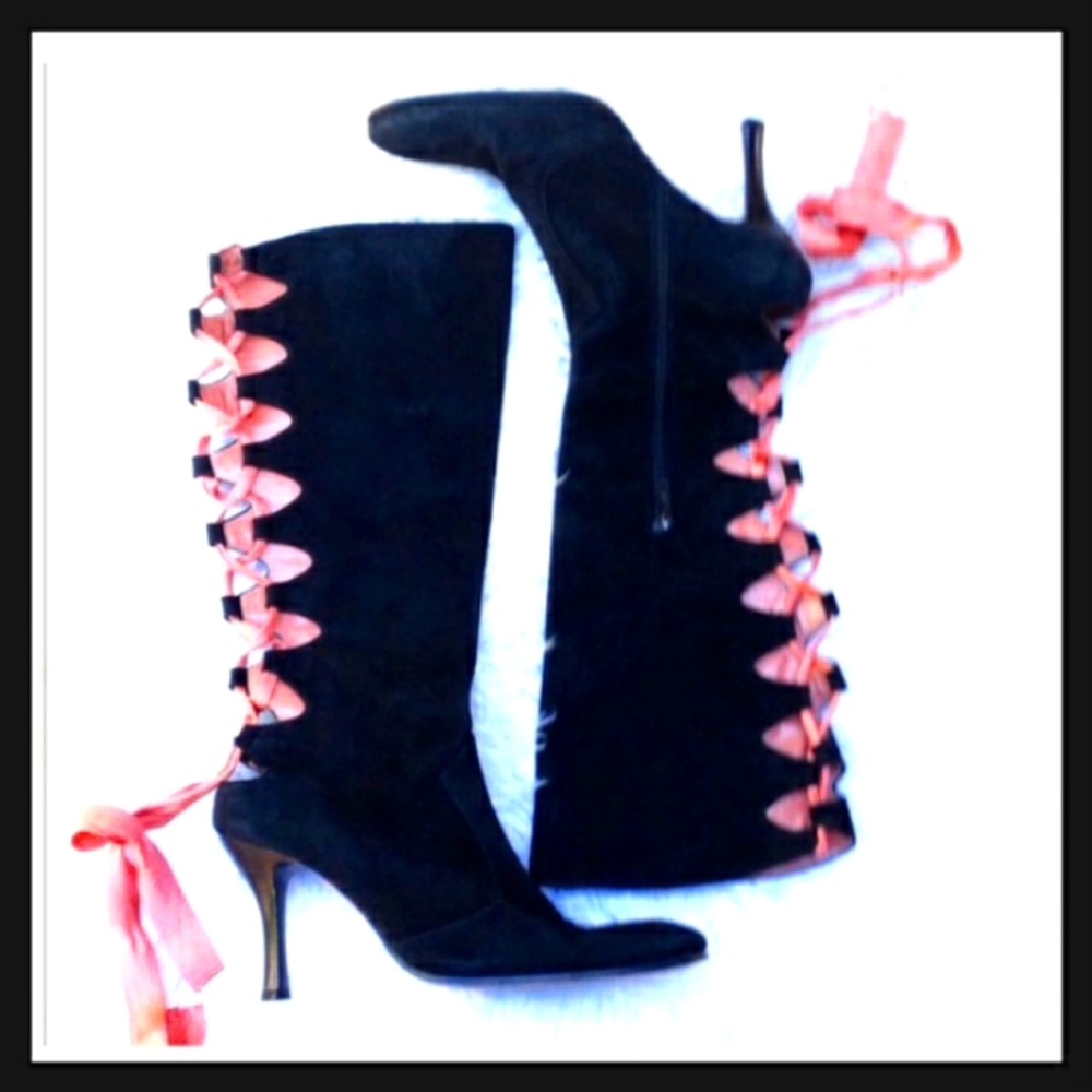 Anthro Peter Kent lace up suede black boots made in Italy 37/7